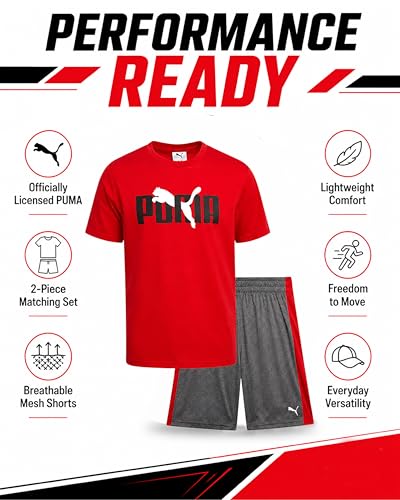 Image of PUMA Boys Short Set - 2 Piece Short Sleeve Crewneck Performance Graphic Tees and Athletic Mesh Shorts for Boys (Sizes: 4-16)