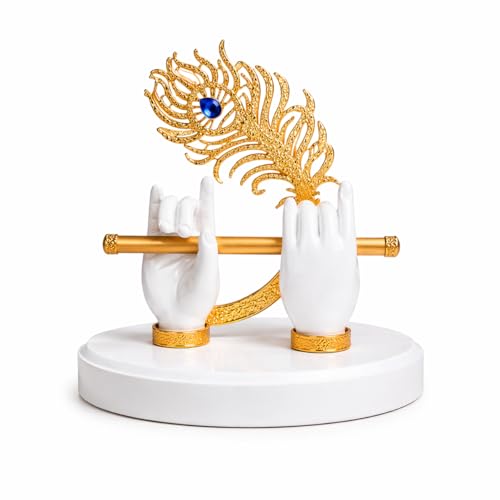 Image of CraftVatika Goldplated Krishna Hand with Flute Idol Peacock Feather Mor Pankh Showpiece,Housewarming Gift, Birthday Wedding Anniversary Janmashtami Gift,Home Decor Decoration Items for Living Room