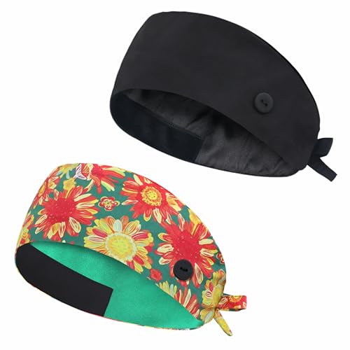 Image of Adjustable Scrub Cap with Button, Satin-Lined Cotton Scrub Hat Sweatband, Elastic Working Hat Unisex, One Size