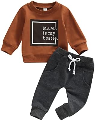 Toddler Baby Boy Clothes Solid Color Long Sleeve Crewneck Sweatshirt Top Casual Pants Set 2Pcs Fall Winter Outfits (Mama is My Bestie- Brown & Grey, 12-18 Months)