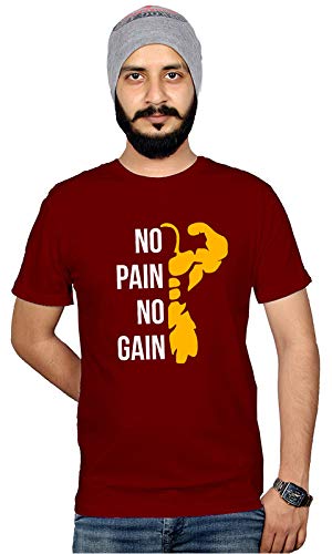 Image of Workshop Graphic Printed T-Shirt for Men & Women | Motivational Quote T-Shirts No Pain No Gain | Hindi Slogan Gym Yoga Tshirts | Round Neck Tees | 100% Cotton T Shirts | Half Sleeve Tshirt Maroon