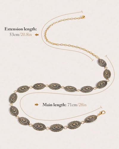 Image of PALAY Boho Waist Belt for Women Golden Concho Belt Saree Waist Metal Concho Western Fashion Conchos Adjustable,29.53 inches +19.69 inches