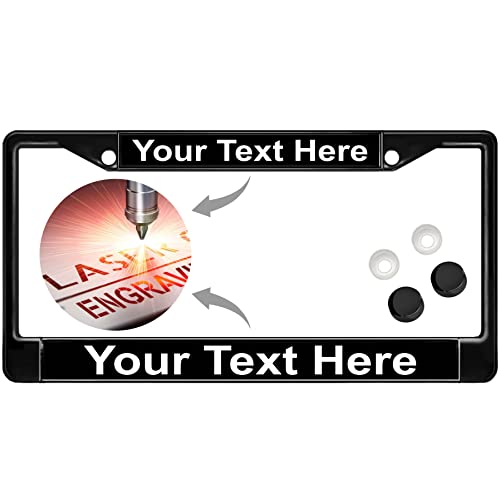 Image of Custom Personalized Black Powder-Coated Metal Laser Engraved Standard Size - Car /Automobile License Plate Frame with Free caps - Black /White Text (Qty: 1 Frame)