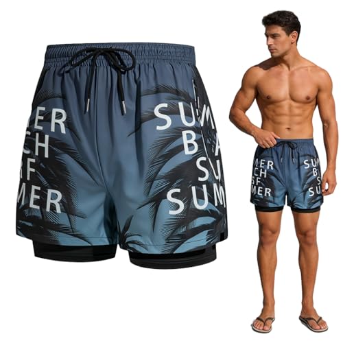 Image of PROBEROS Swim Trunks for Men, Quick-Dry Polyester Beach Shorts with Inner Lining, Elastic Drawstring Waist, Tropical Palm Leaf Fashion Lightweight Beach Wear for Swimming, Vacation & Traval, 3XL