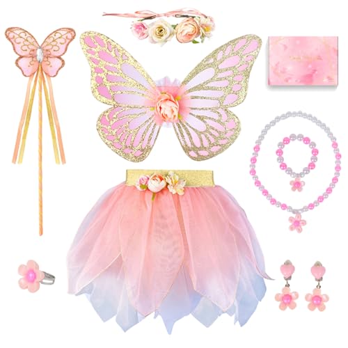 TOSZOLY Déguisement Fée Fille 8 Pièces– Ailes de Papillon, Jupe Tutu, Baguette, Couronne de Fleurs, Bijoux, Costume Princesse pour Filles 3-6 Ans,...