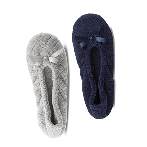 Isotoner Damen 2er-Pack Ballerina Slipper gesteppt und solide Ballerina Ballerina Flat, Hellgrau gesteppt, marineblau, einfarbig, 38/39 EU