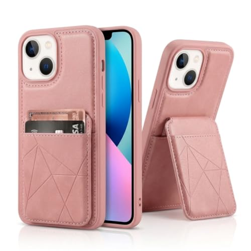 Image of amazon basics Premium Vegan Leather Back Cover with Card Holder and Integrated Mobile Stand for iPhone 14 - Slim Shockproof Wallet Case with Geometric Stitching [Pink]