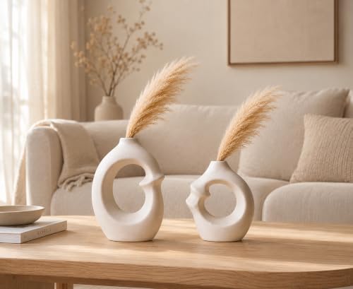 Image of Como Boho Vase Set with 2 Pampas - Modern Ceramic Hollow Donut Vases for Home Decor, Neutral Minimalist Table Centerpiece, Rustic Farmhouse Shelf Decoration, Beige Nordic Aesthetic Gift Set