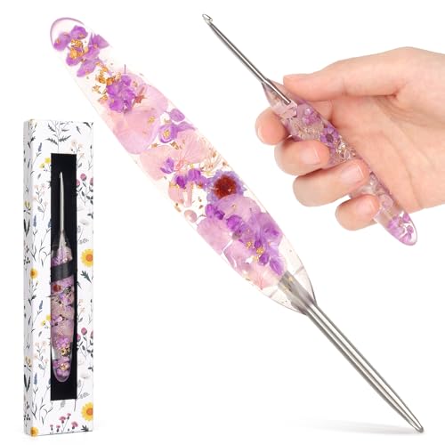 Image of Katech 3.5mm Crochet Hook for Arthritic Hands,Hand-Polished Stainless Steel | Ergonomic Crochet Hooks with Customized Sparkle Dried Floral Grip, Smooth Tapered Hook-Crochet Gift for Beginner & Crocheter