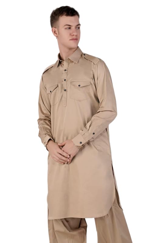 french crown Men's Cashmere Brown Subtle Sheen Super Soft Premium Cotton Pathani Kurta-picture-46