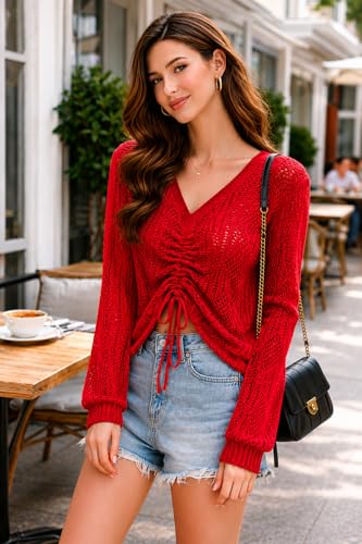 Image of CRAMPLE Women's V-Neck Knit Top, Long Sleeve, Drawstring Ruched Front, Lightweight Open Knit Top
