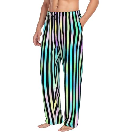 Mens Pajama Pants - Neon Vertical Stripe Print Soft Sleep Lounge Pants For Men, Casual Pj Bottoms With Pockets
