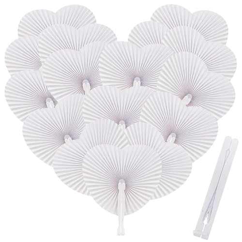 MAOOY 60Pcs White Heart Paper Folding Fans Chinese Handheld Fan with Plastic Handle DIY Decorative Gifts for Wedding Birthday Party and Summer Use