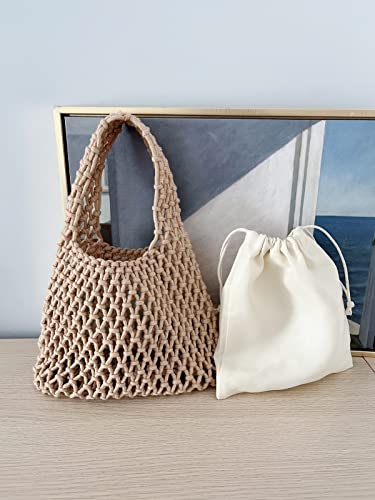 Image of Mini Clutch Handbag Fishing Net Bucket Bag Cotton Rope Crochet Drawstring Woven Beach Bag Small Tote for Women Girls