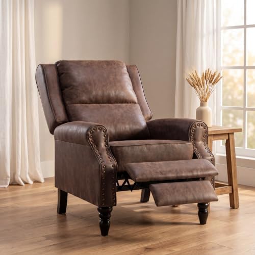 Image of Leather Recliner Chair with Adjustable Backrest & Footrest, Brown | Adjustable Backrest & Footrest, Medieval Style Overstuffed Arms, Quality Faux Leather