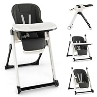 COSTWAY Folding Baby High Chair, Adjustable Toddlers Reclining Highchair with Detachable Double Trays, Safety Harness, Lockable Wheels, Infant Feeding Chair for 6-36 Months (Dark Gray)