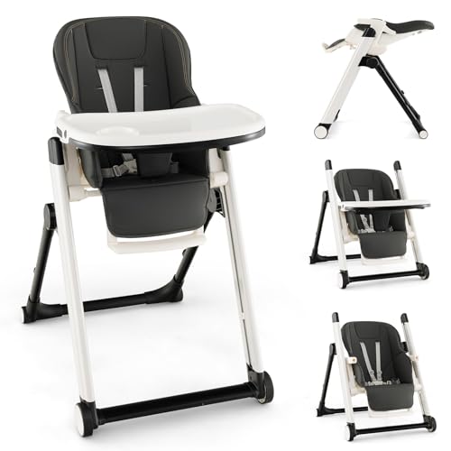 COSTWAY Trona Plegable para Bebés, Silla de Alimentación para Dormir con Respaldo Reclinable, Altura y Reposapiés Ajustables, Trona con Arnés de 5 Puntos,2 Bandejas y Ruedas Bloqueables