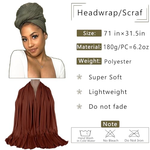 COOKOO 2 Piece Solid Color Stretch Jersey Head Wrap Long Scarf Muslim Headwraps Long African Women's Headwrap Stretch Hijab Extra Fashion Head Scarf Head Bands for Women(Coffee+Army Green)2
