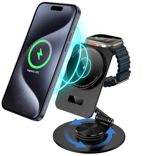 Stazione di Ricarica Wireless per Apple, 2 in 1 Supporto di Ricarica Magsafe per iPhone 15/14/13/12, Caricatore iWatch per Apple Watch 9/8/7/6/SE/5/4/3/2 (Nero)