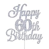 Happy 60th Birthday Cake Toppers Silver Glitter, Cheers to 60 Years Old Bday Decoration 60th Anniversary Cake Topper, Sixty Theme Cake Decorations for Birthday Anniversary Party