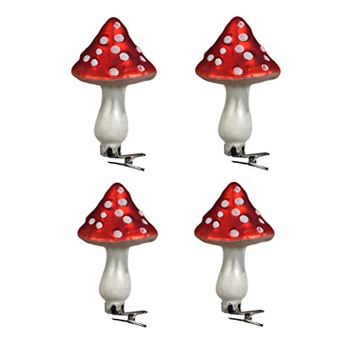 KnikGlass Personalized Glass Mushroom Ornaments with Alligator Clip for Christmas Tree Decoration - Mushroom Shaped Christmas Baubles (Pack of 4)