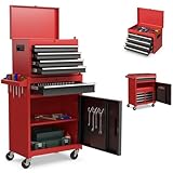 Goplus Tool Chest, 5 Drawers Rolling Tool Cabinet with Detachable Top Toolbox, Universal Lockable Wheels, Lock Bar, Protective Liner & Tool Rack, Metal Tool Storage Cart, Tool Box for Garage Workshop