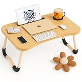 Mesa Notebook Portátil Dobrável Cama e Sofá, Mesa de colo Portátil com Suporte para Celular Tablet Porta Copos Home Office (Madeira)