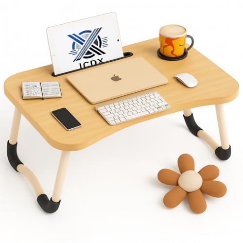 Mesa Notebook Portátil Dobrável Cama e Sofá, Mesa de colo Portátil com Suporte para Celular Tablet Porta Copos Home Office (Madeira)