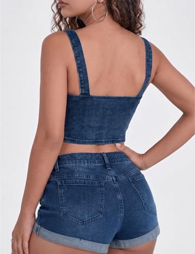 Ystguic Women Denim Cami Vest Removable Bra Pads Slim Stretch Jean Tank Pull On Square Neck Faux Button Placket Crop Tops (Dark Blue,M) — view 2