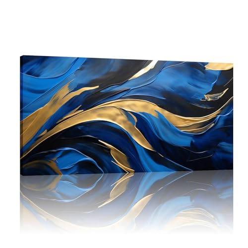 Images abstraites pour salon et décoration murale moderne bleue et dorée 80 x 160 cm