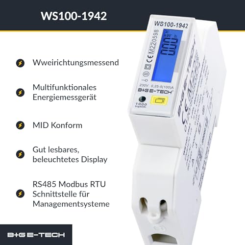 Bidirektionaler Stromzähler [WS100-1942-MID 24] Import- und Exportenergie mit 2x S0 Impulsausgang (Import/Export), Hohe Belastbarkeit bis 100A, Schlankes Design, Benutzerfreundliches LCD LCD