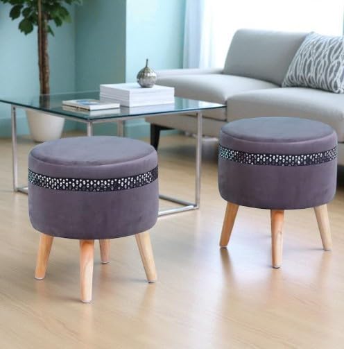 Image of Ottoman Stool for Living Room Foot Rest | Velvet Small Ottoman Foot Stool | Solid Wood Legs | Footstool Puffy for Home, Bedroom & Makeup Table | 16x16x18 Inch, Set of 2 (Star Grey)