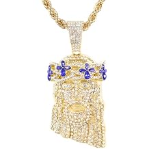 Mens Iced-Out Floral Crown Jesus Pendant Necklace with 24" Rope Chain - Hip-Hop Jewelry with Simulated Crystals