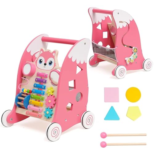 Wooden Baby Walker, Sit-to-Stand Learning Baby Walkers with Xylophone, Gears, Puzzles for Toddlers, Multiple Activity Center, Early Educational Gifts for Babies, Pink