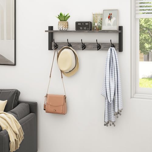 Image of Homode Wall Hooks With Shelf, 24 Inch Coat Rack Wall Mount for Entryway, Clothes, Backpack, Key, Purse - Floating Shelf Hanging in Bathroom, Bedroom, Hallway, Rustic Grey