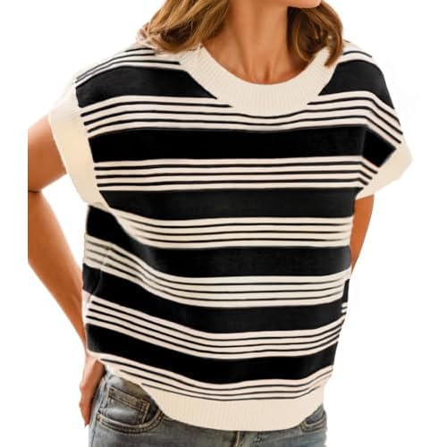 FireSwan Womens Cap Sleeve Sweater Vest Striped Color Block Loose Tank Tops Trendy Vacation Outfits Cute Summer Spring Top Large Black