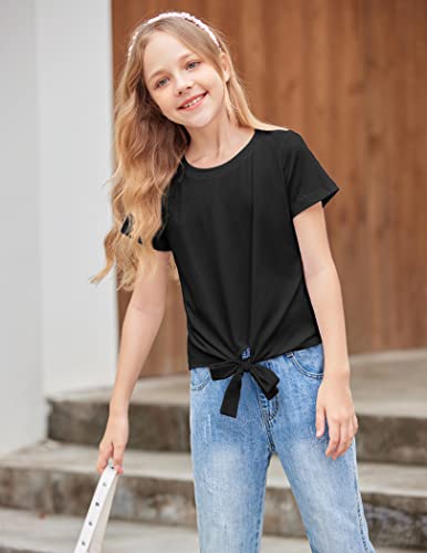 Image of Arshiner Girls Short Sleeve Shirts Tie Knot Front Tops T Shirts for Kids Crewneck Cute Casual Tie Dye Tee Blouse