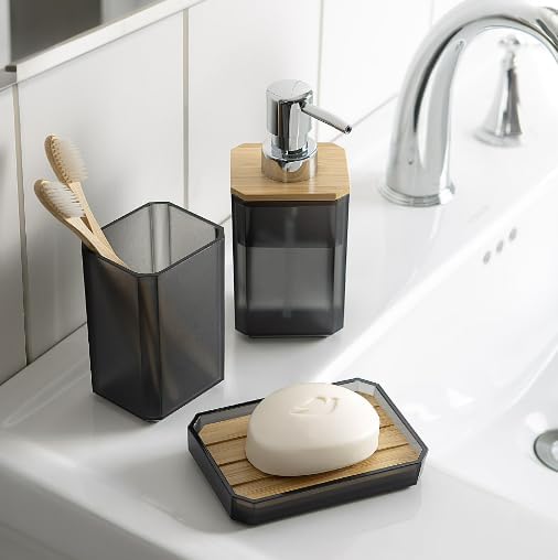 3-Piece Bath Accessory Set, Gray – Soap Pump, Toothbrush Holder & Vanity Tray with Bamboo Accents, Durable Plastic, Compact Design