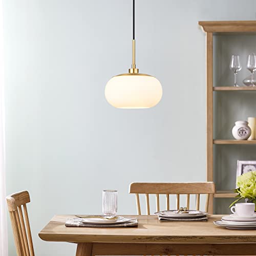 Kyrid Single Opal Glass Pendant Light Antique Brass Finish #TOP3