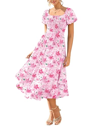 GRACE KARIN Womens Summer Floral Maxi Dress 2026 Puff Short Sleeve Wedding Guest Dresses Square Neck Smocked Tiered Dress Pink Floral S