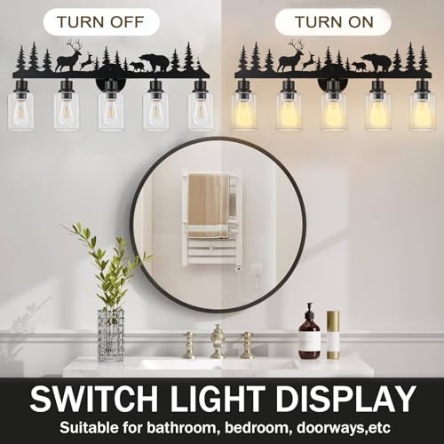 Image of Rustic Bathroom Light Fixtures with Deer Bear,5-Light Vanity Lamp | Farmhouse rustic style, Deer Bear Design,Clear Glass Shade,Wall Light for Bathroom, Hallway, Kitchen, Porch,Study, Bar