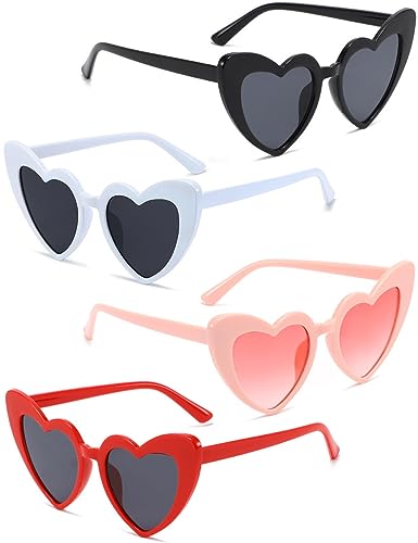 4 Pack Heart Shaped Sunglasses Trendy Cat Eye Love Heart Glasses Vintage Retro Heart Sunglasses for Women(Black White Red Pink)