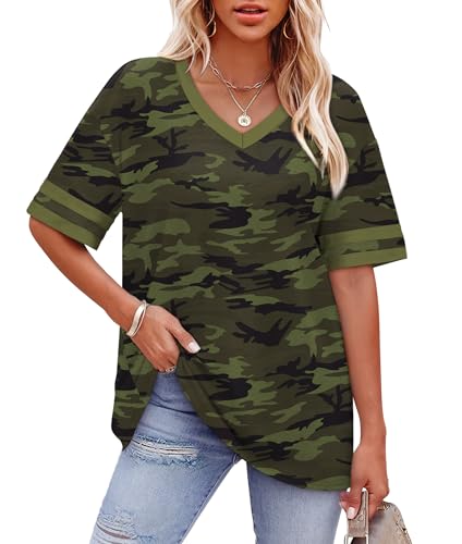 Image of WIHOLL Womens T Shirts Loose Fit Short Sleeve Tees V Neck Color Block Summer Tops 2026 Fashion S-4XL