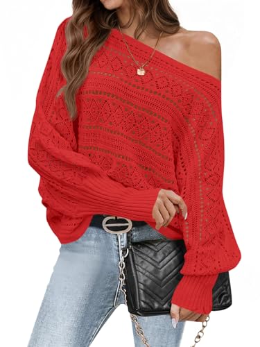 Saodimallsu Womens Off The Shoulder Sweaters Fall 2025 Oversized Knit Batwing Long Sleeve Crochet Pullover Sweater Tops Red