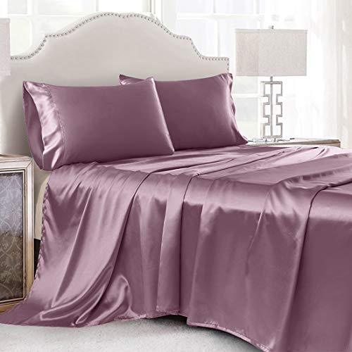 Cobedzy 4Pcs Satin Sheets Queen Silky Satin Sheet Set Lilac Purple Satin Bed Sheets with Deep Pocket Satin Fitted Sheet, Flat Sheet, Satin Pillowcase