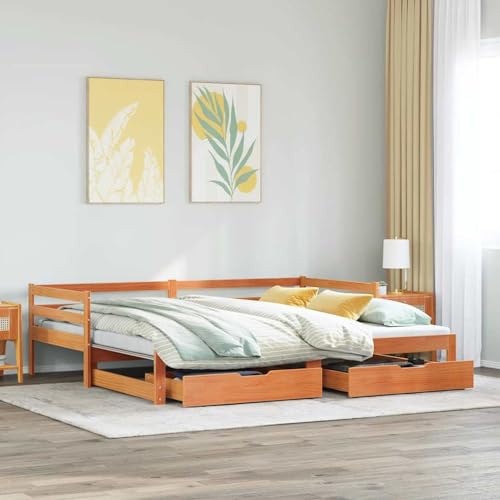 Gecheer Sofá Cama 2 en 1 con Cama Nido - Estructura de Madera de Pino, Color Marrón Cera, Dimensiones 193,5 x 184 x 56,5 cm (extendido)