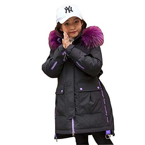 Abajo Chaqueta De La Capa De Nieve De Gran Tamaño Cuello De Piel De Moda Infantil Pato Blanco Abajo Luz Transpirable Resistente Al Viento Y Resistente Al Agua,Negro,160cm