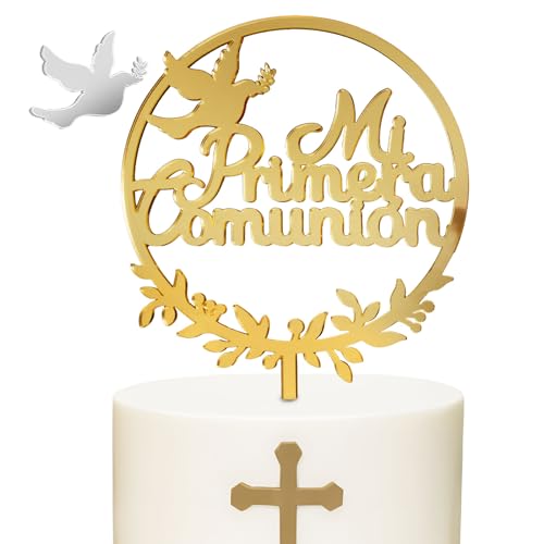 GEBETTER Topper Tarta Mi Primera Comunión Español Oro, Decoración Tarta Comunion Niñas Niños, Adorno Primera Comunion Pastel Torta Acrílico Dorado con Suplemento Paloma Plateada, First Communion