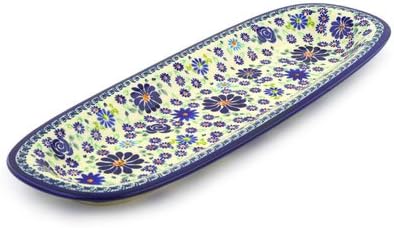 Polmedia Polish Pottery Platter 17-inch - Blue Summer Garden Pattern Handmade in Boleslawiec Poland + Certificate of Authenticity