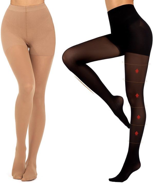 MANZI 2 Pairs Compression Pantyhose for Women Shaping Black Tights 10-15mmHg Support 50D Opaque Stockings Black + Natural X-Large